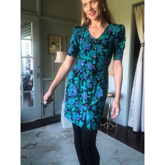 VintagFloral Midi Dress, Puff Sleeve Dress, 80s Dress, like Laura Ashley | Small - Picture 6 of 10